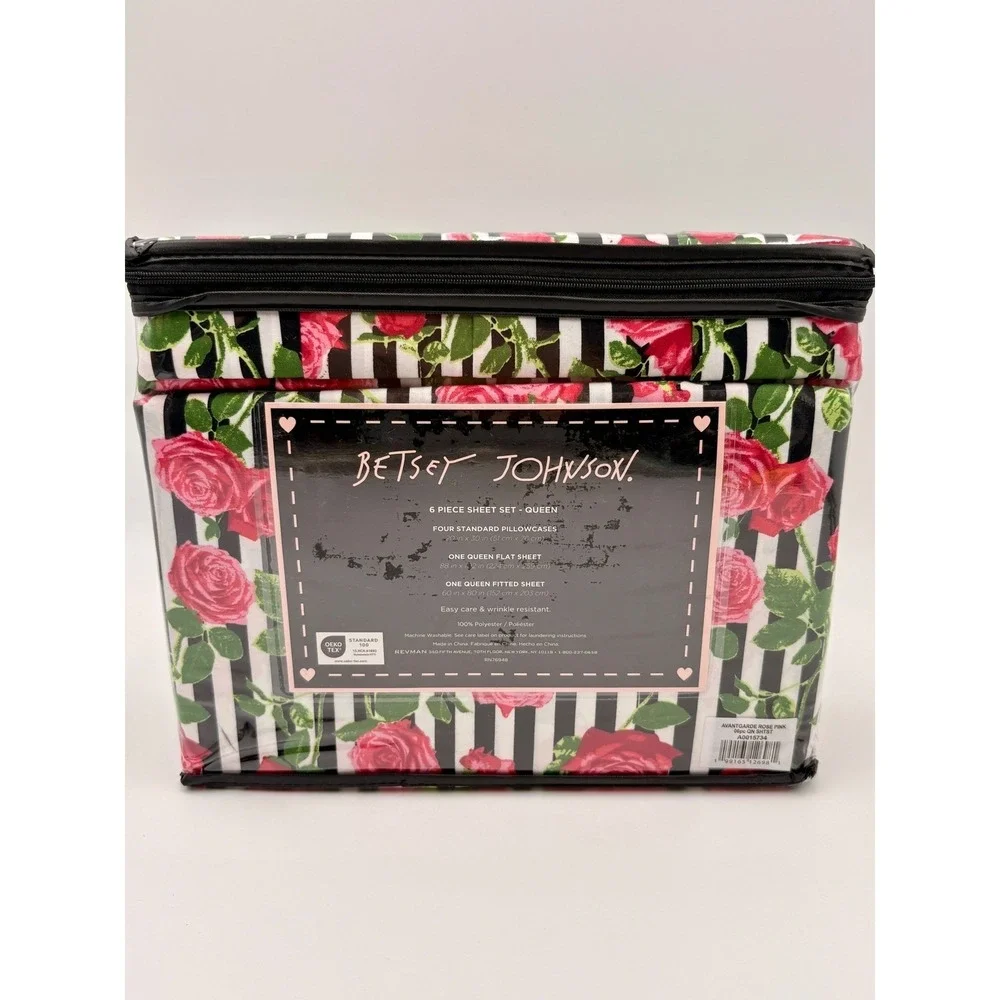 Betsey Johnson Queen Sheet Set 6pc Avantgarde Rose Pink Floral Stripe